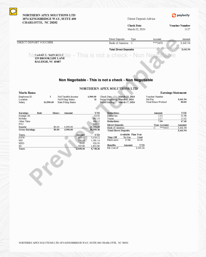 Employee Pay Slip Template With Detailed Salary Breakdown, Tax Deductions, And Net Pay For Clear And Transparent Payroll Records.