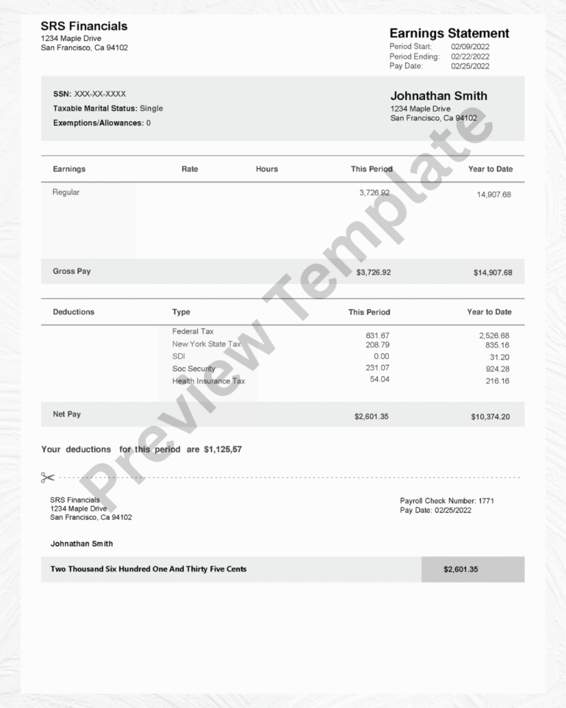 Printable Paystub Template For Small Businesses To Track Wages, Taxes, And Benefits While Providing Employees With Professional Pay Slips.